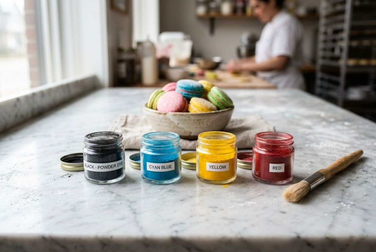 Palette de colorants alimentaires en poudre en pots colorés près d’un bol de macarons, avec un pinceau à pâtisserie sur la marbre. colorant alimentaire poudre.